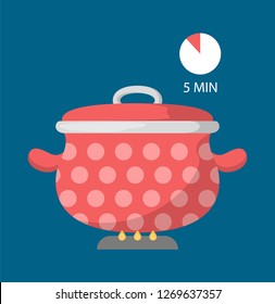 Red pot on the stove. Kitchen object for cooking food. Water boil inside the pan. Illustration of flame.