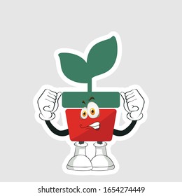 red pot plants cartoon sticker design with expression