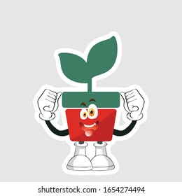 red pot plants cartoon sticker design with expression