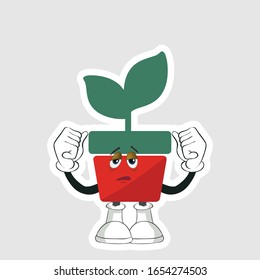 red pot plants cartoon sticker design with expression