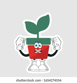 red pot plants cartoon sticker design with expression
