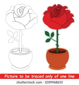 Red Pot Rose to be traced only of one line, the tracing educational game to preschool kids with easy game level, the colorful and colorless version.