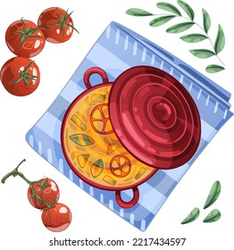 A red pot with soup inside stands on a blue towel. Ingredients for the dish around, tomatoes, bay leaf