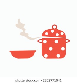 A red pot with steam from an ajar lid with a plate next to it. Vector illustration in flat style