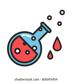 Red potion with drops and bubbles, line style illustration