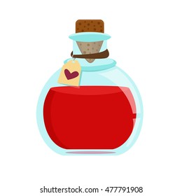 Red potion. Love elixir. Bottle with liqid water for game design.