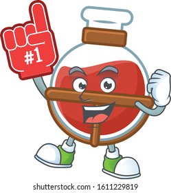 Red potion mascot cartoon style holding a Foam finger