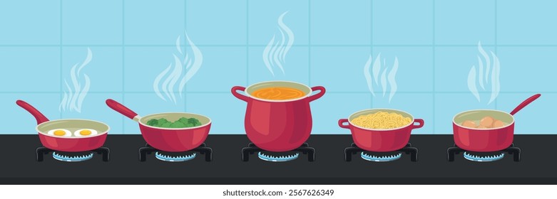 Red Pots And Pans On Gas Stove. Boiling Soup, Frying Eggs, Cooking Vegetables, Pasta, Boiling Eggs. Steam Rising From Cookware, Modern Kitchen. Cooking, Kitchen, Food Illustrations