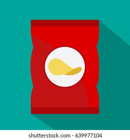 Red pouch of potato chips icon. Flat illustration of red pouch of potato chips vector icon for web isolated on green background. Vector. 