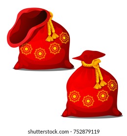 A red pouch of Santa Claus isolated on white background. Vector cartoon close-up illustration.