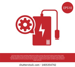Red Power bank with charge cable and gear icon isolated on white background. Adjusting app, service concept, setting options, maintenance, repair. Vector Illustration