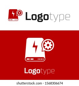 Red Power bank and gear icon isolated on white background. Adjusting app, service concept, setting options, maintenance, repair, fixing. Logo design template element. Vector Illustration
