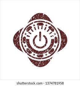 Red power icon inside distressed rubber grunge stamp
