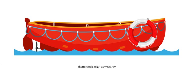 Red powerboat with life buoy and mooring ropes on white. Motor boat, wooden vessel on water. Sea, river, ocean waves. Nautical item. Sailing and transportation. Vector marine illustration