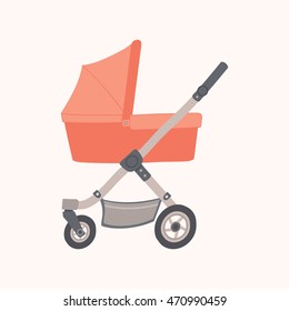 Red pram for baby girl. Baby carriage. Baby shower design element. Vector hand drawn eps 10 illustration in flat style. Isolated on white background.