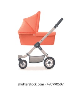 Red pram for baby girl. Baby shower design element. Vector hand drawn eps 10 illustration isolated on white background.