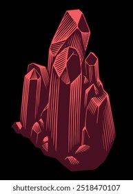 Cristal Precioso Vermelho. Ilustração desenhada à mão editável. Gravura vetor vintage. Isolado no plano de fundo preto. 8 EPS