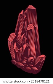 Cristal Precioso Vermelho. Ilustração desenhada à mão editável. Gravura vetor vintage. Isolado no plano de fundo preto. 8 EPS