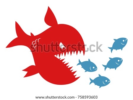 Red predator fish pursues small fishes. Hierarchy and merger conception. 