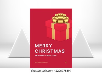 Red premium Merry Christmas greeting card festive gift box decorative design realistic 3d icon vector illustration. Fashion classic Happy New Year poster present surprise pack with golden bow