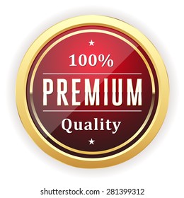 Red premium quality badge with gold border on white background