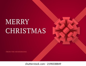 Red premium wrapped gift bow ribbon Merry Christmas greeting card template realistic 3d icon vector illustration. Happy New Year congratulations banner festive winter holiday surprise decor design