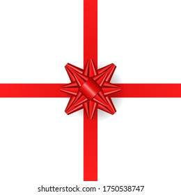 Piso rojo presente en la parte superior. Regalo realista color de arco rojo con cinta. Decoración para la competencia o la felicitación por los logros. Ilustración vectorial en fondo aislado blanco.
