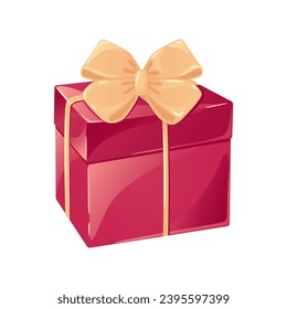 Red present box with golden bow vector illustration isolated on white background. Decorative detailed Christmas birthday gift for patterns, packaging, design