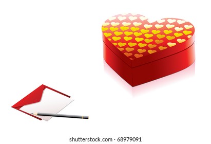 Red present box with golden hearts and letter.