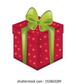 a red present box with a green ribbon in a white background