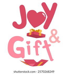 Red present box and message Joy and gift, minimal design in cute vector style for valentine's day,romance, affection, celebrations and love concepts, isolated icon on white background