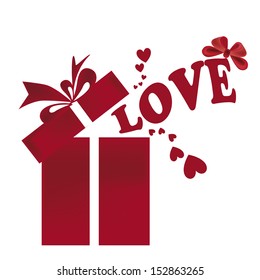 red present box with red ribbon in a white background with love words