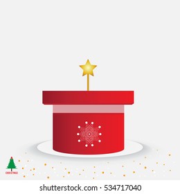 Red present for Christmas and New Years on white background and gold stars.