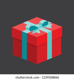 Red present / gift boxes with blue green ribbon bow flat design illustration. Isometric vectir interface element for app ui ux web banner icon isolated on white background