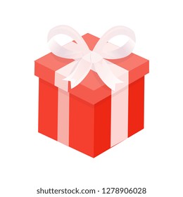 Red present with winding wide ribbon and big bow. Illustration of single Christmas gift box, 3D icon isolated on white, element for decoration vector
