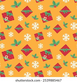  red presents box with snowflakes and holly seamless pattern