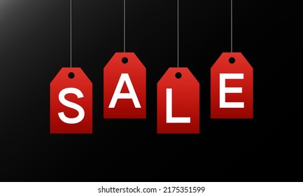 Red price labels on a string. Sale. Vector EPS 10. Discount symbol on black. Template shopping banner. Special offer. Promotional sale illustration. Advertisement for shop, dev, app, design, web, ui