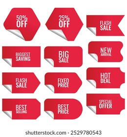 Red price, sale, discount, ticket, and coupon sticker illustrations. Perfect for retail promotions, e-commerce, and marketing materials. Scalable and customizable for digital or print projects.