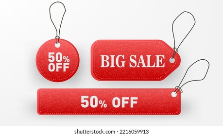 Red Price Sale Tags Hanging On A Rope. EPS10 Vector