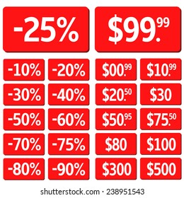 Red price shopping label set. Vector illustration.