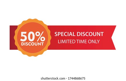 Red price sticker with ribbon. Vector element, sales.