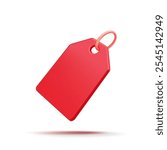 Red price tag, 3D. Realistic price tag icon for deals, offers, sales, and new items. Label. Marketing and sales of goods. Vector illustration.