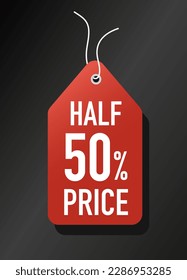 Roter Preis. Halbpreis 50 Prozent. Treueprogramm und Sonderangebot für Stammkunden. Werbeplakat oder Werbebanner. Online-Shopping und E-Commerce. Cartoon-Flavektor-Vektorgrafik