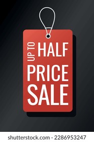 Red price tag. Half price and cost. Discounts and promotions, marketing and advertising. Gift voucher and coupon. Template, layout and mock up. Cartoon flat vector illustration