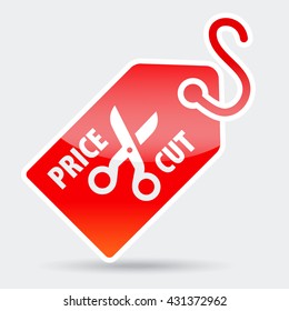 Red price tag with the inscription Price cut and scissors. Sticker and label vector illustration.