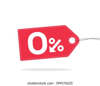 Red price tag label with 0% text designed with an arrow percent icon and stitches on it with shadow isolated on white background. For sale campaigns.