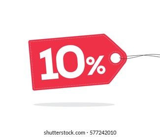 Red price tag label with 10% text on it and with shadow isolated on white background. 