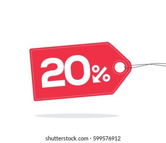 Red price tag label with 20% text designed with an arrow percent icon and stitches on it with shadow isolated on white background. For sale campaigns.