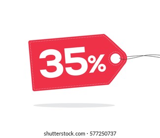 Red price tag label with 35% text on it and with shadow isolated on white background.