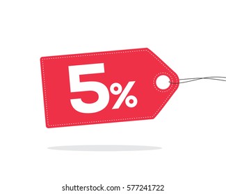 Red price tag label with 5% text on it and with shadow isolated on white background. 